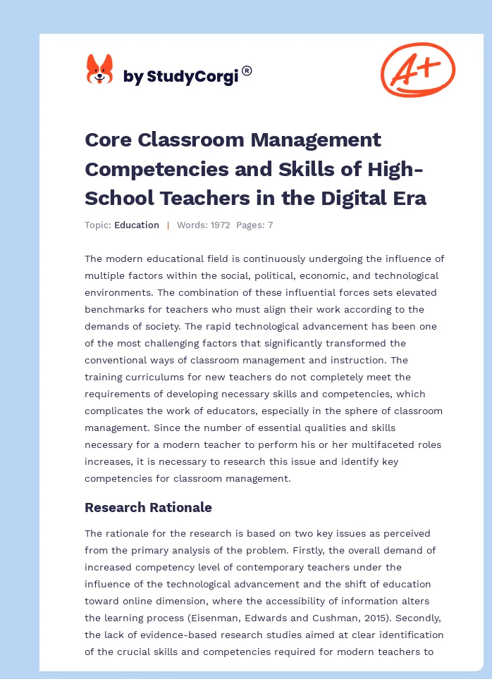Core Classroom Management Competencies and Skills of High-School Teachers in the Digital Era. Page 1