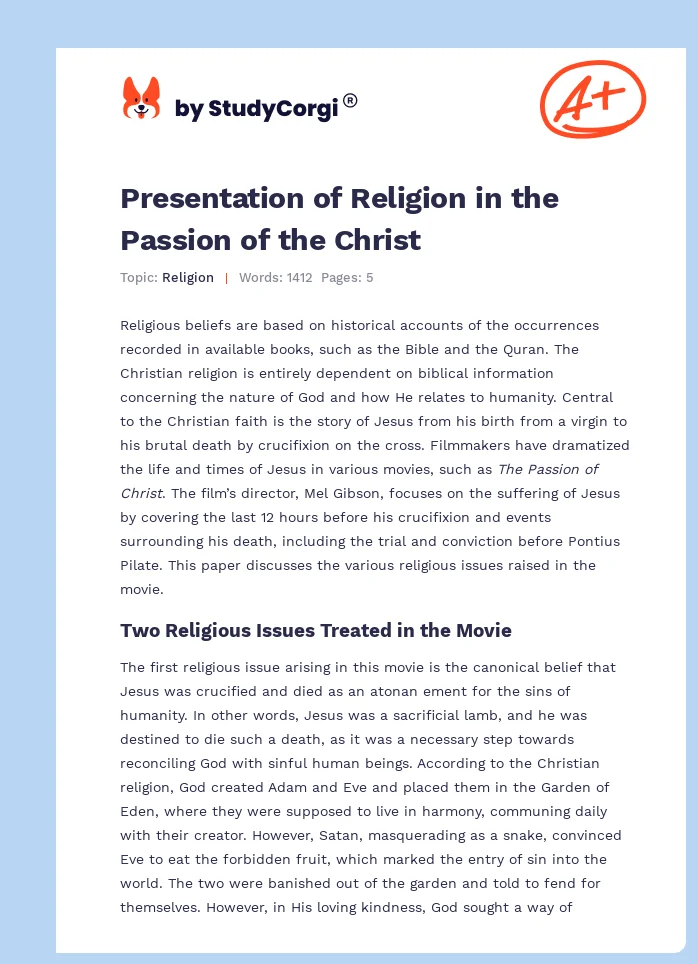 Presentation of Religion in the Passion of the Christ. Page 1