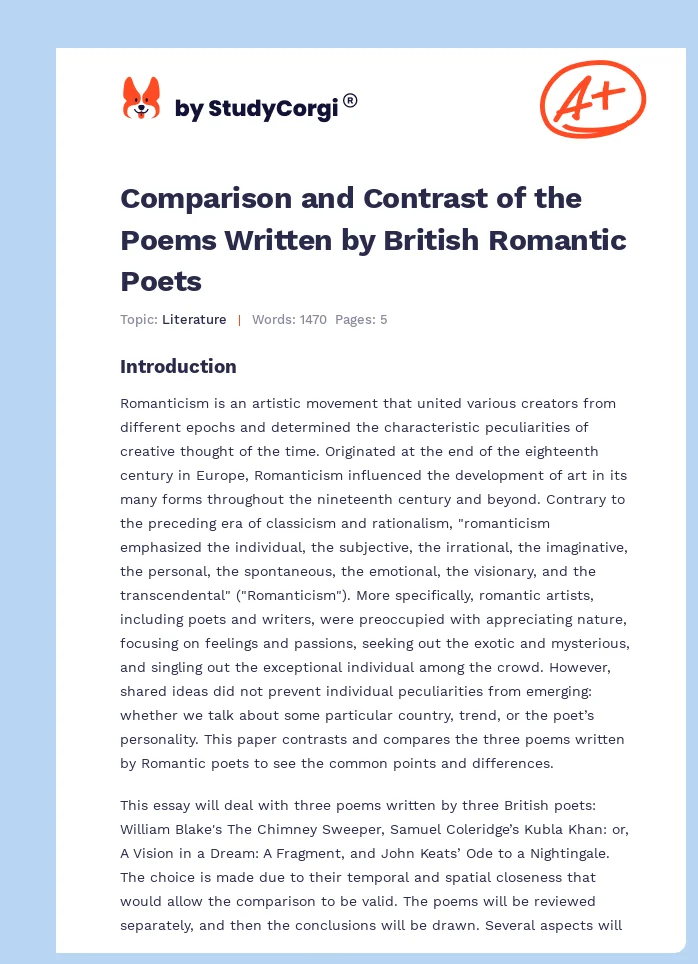 Comparison and Contrast of the Poems Written by British Romantic Poets. Page 1