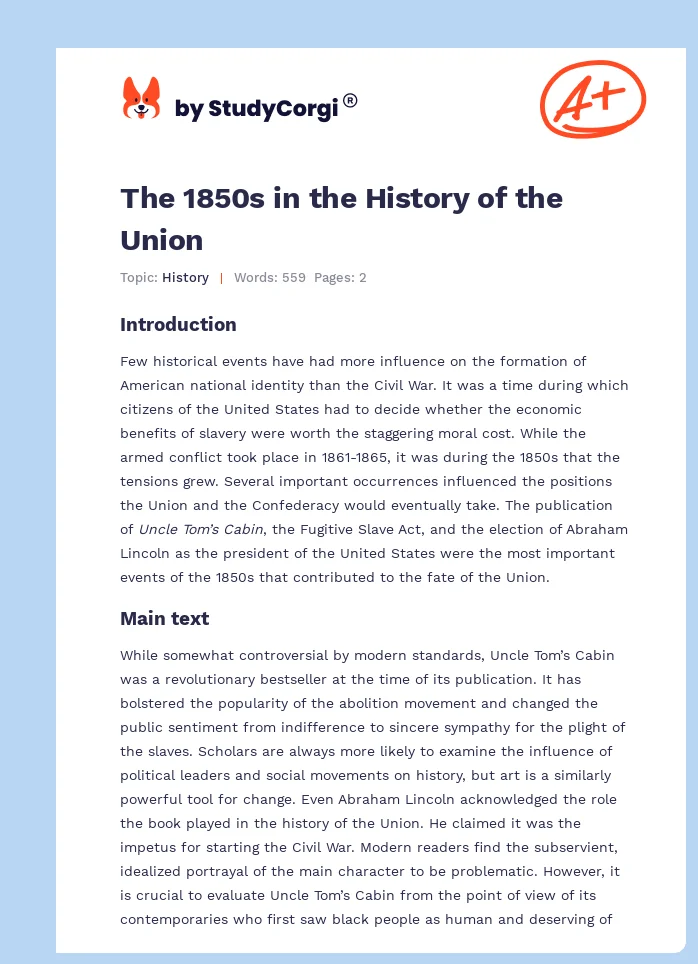 The 1850s in the History of the Union. Page 1