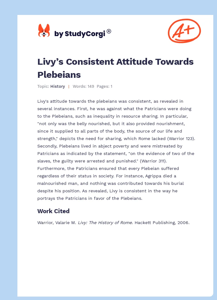 Livy’s Consistent Attitude Towards Plebeians. Page 1