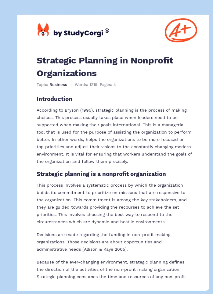 Strategic Planning in Nonprofit Organizations. Page 1