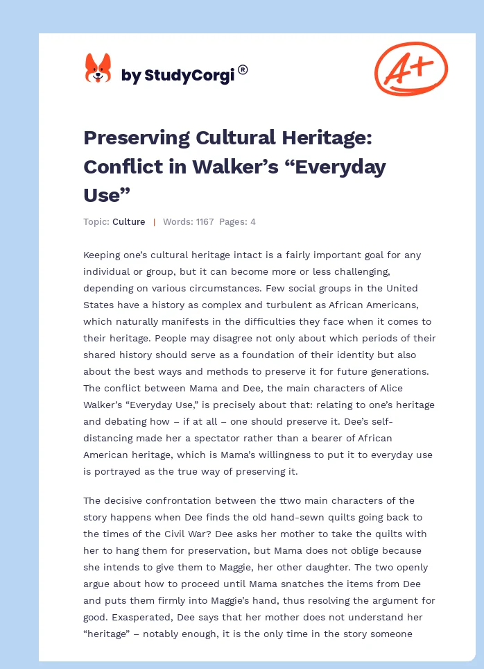 Preserving Cultural Heritage: Conflict in Walker’s “Everyday Use”. Page 1