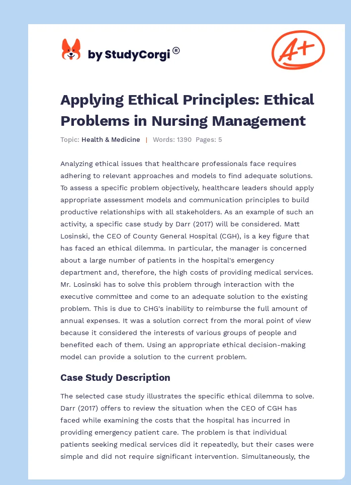 Applying Ethical Principles: Ethical Problems in Nursing Management. Page 1