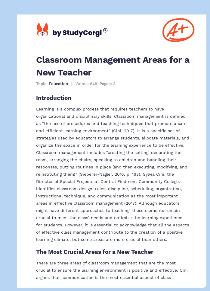 Classroom Management Areas for a New Teacher. Page 1