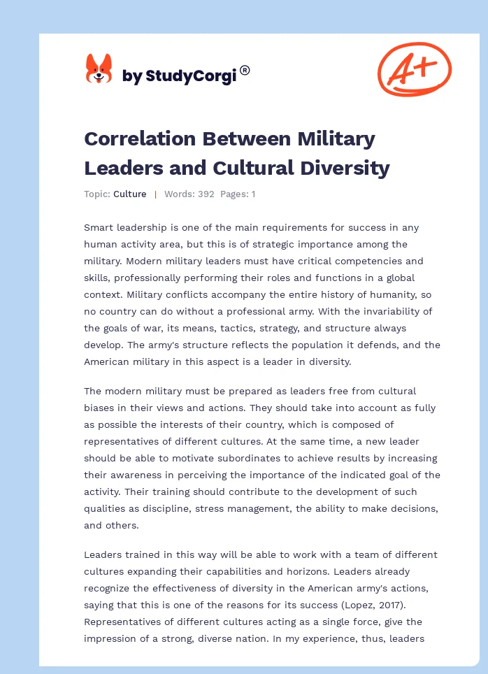 Correlation Between Military Leaders and Cultural Diversity. Page 1
