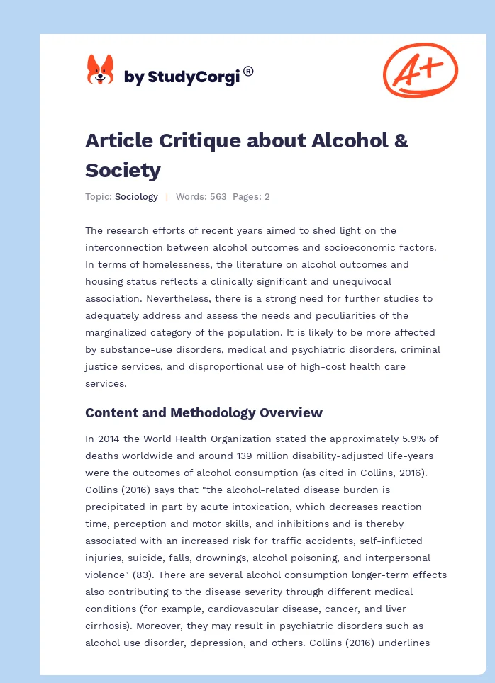 Article Critique about Alcohol & Society. Page 1