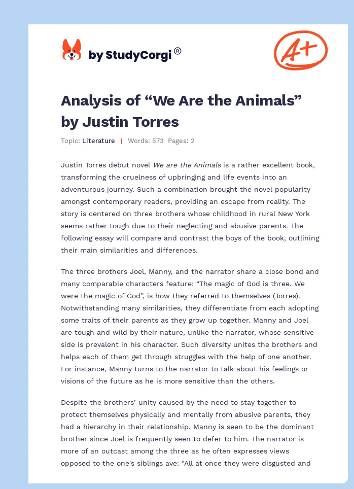 Analysis of “We Are the Animals” by Justin Torres. Page 1