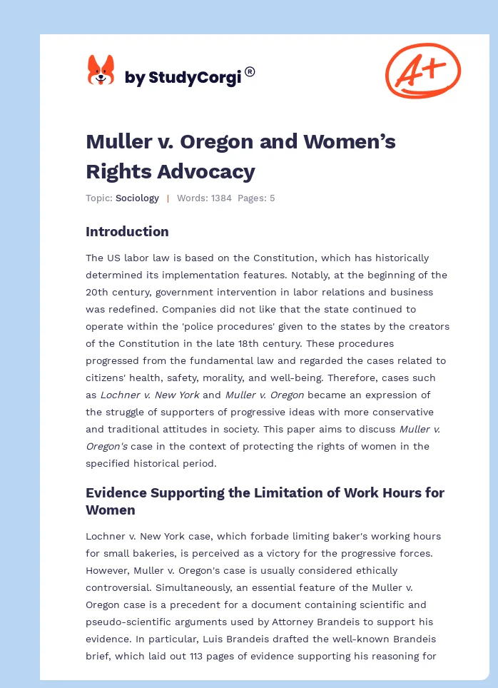 Muller v. Oregon and Women’s Rights Advocacy. Page 1