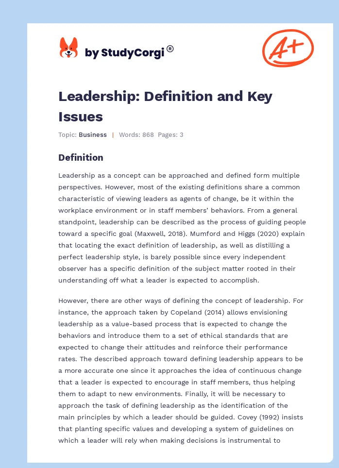 Leadership: Definition and Key Issues. Page 1