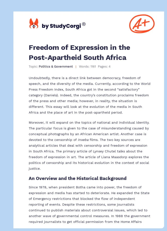 Freedom of Expression in the Post-Apartheid South Africa. Page 1