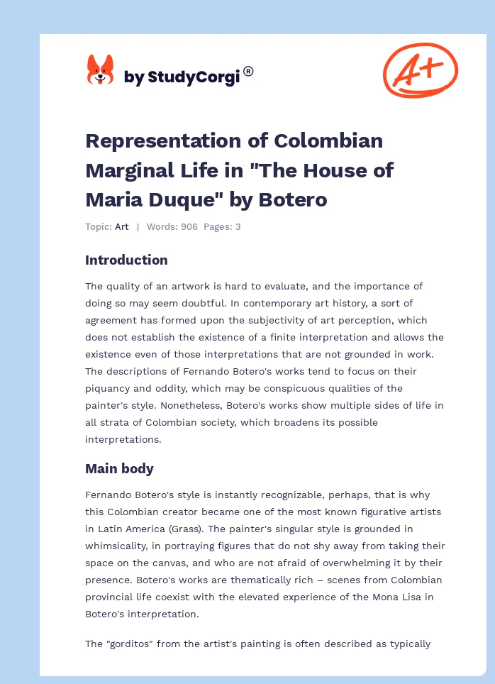 Representation of Colombian Marginal Life in "The House of Maria Duque" by Botero. Page 1