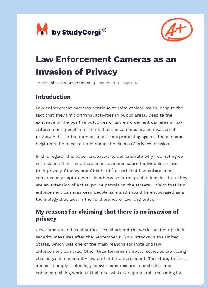 Law Enforcement Cameras as an Invasion of Privacy. Page 1