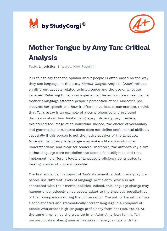 Mother Tongue by Amy Tan: Critical Analysis. Page 1