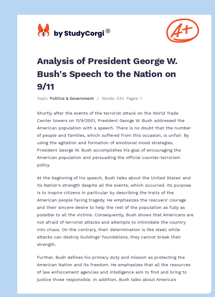 Analysis of President George W. Bush's Speech to the Nation on 9/11. Page 1
