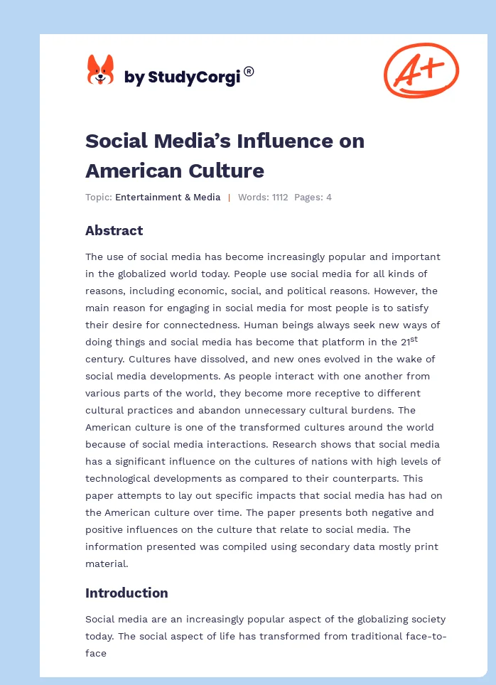 Social Media’s Influence on American Culture. Page 1