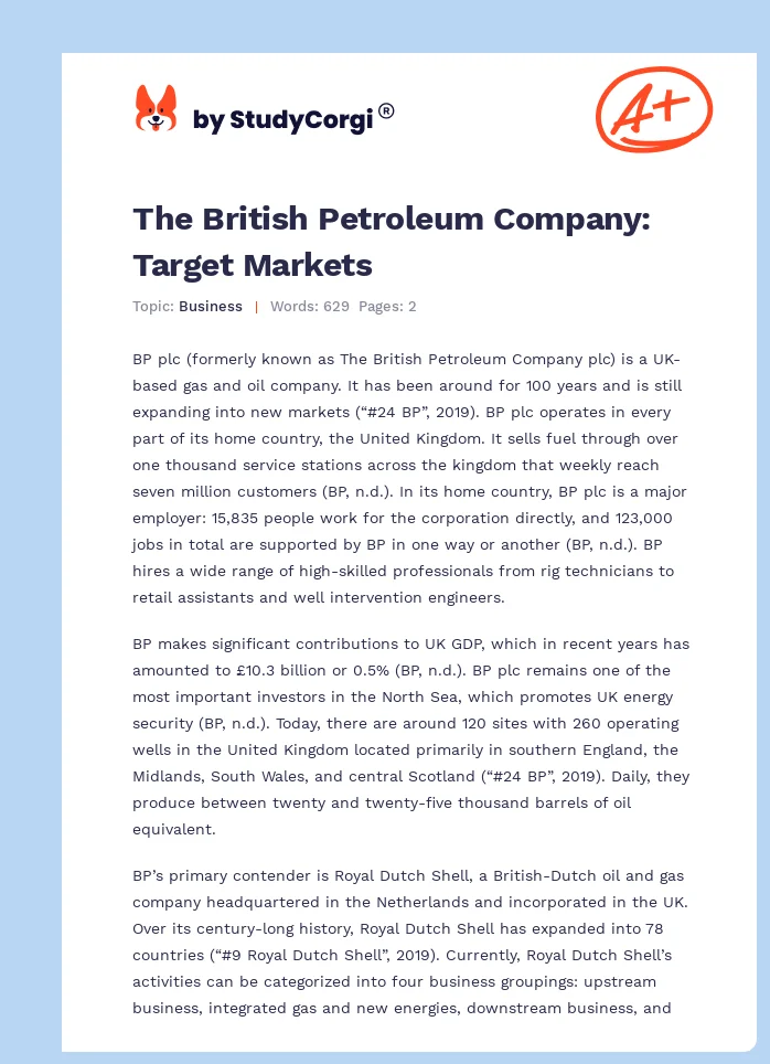 The British Petroleum Company: Target Markets. Page 1