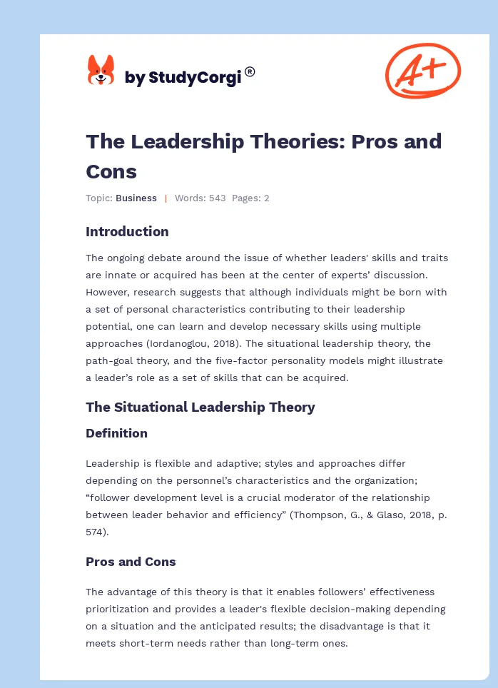 The Leadership Theories: Pros and Cons. Page 1