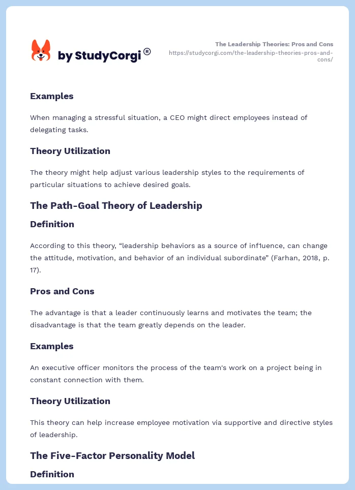 The Leadership Theories: Pros and Cons. Page 2