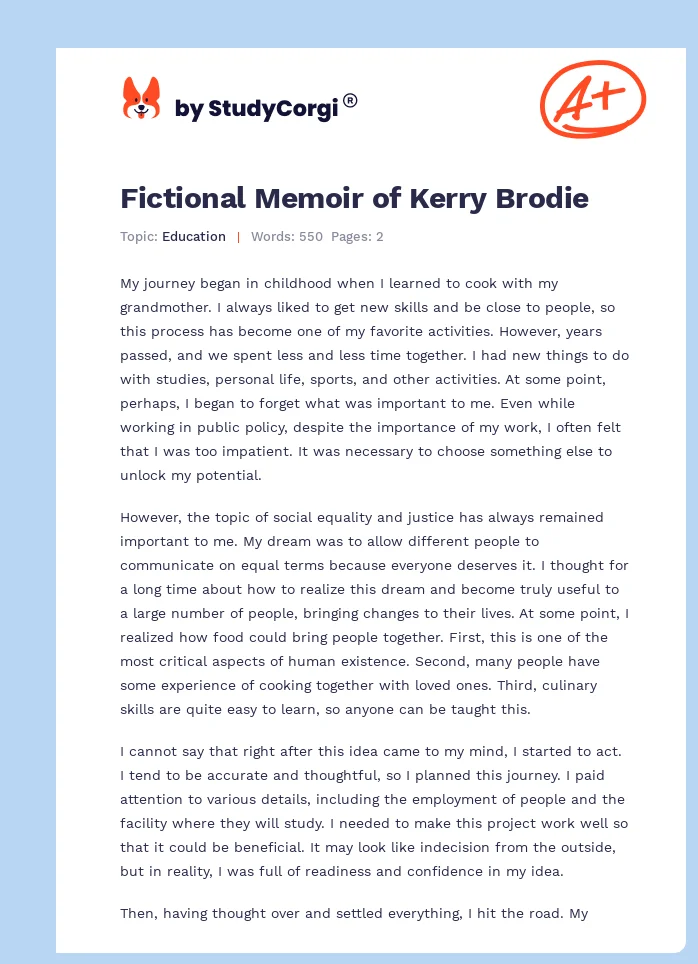 Fictional Memoir of Kerry Brodie. Page 1