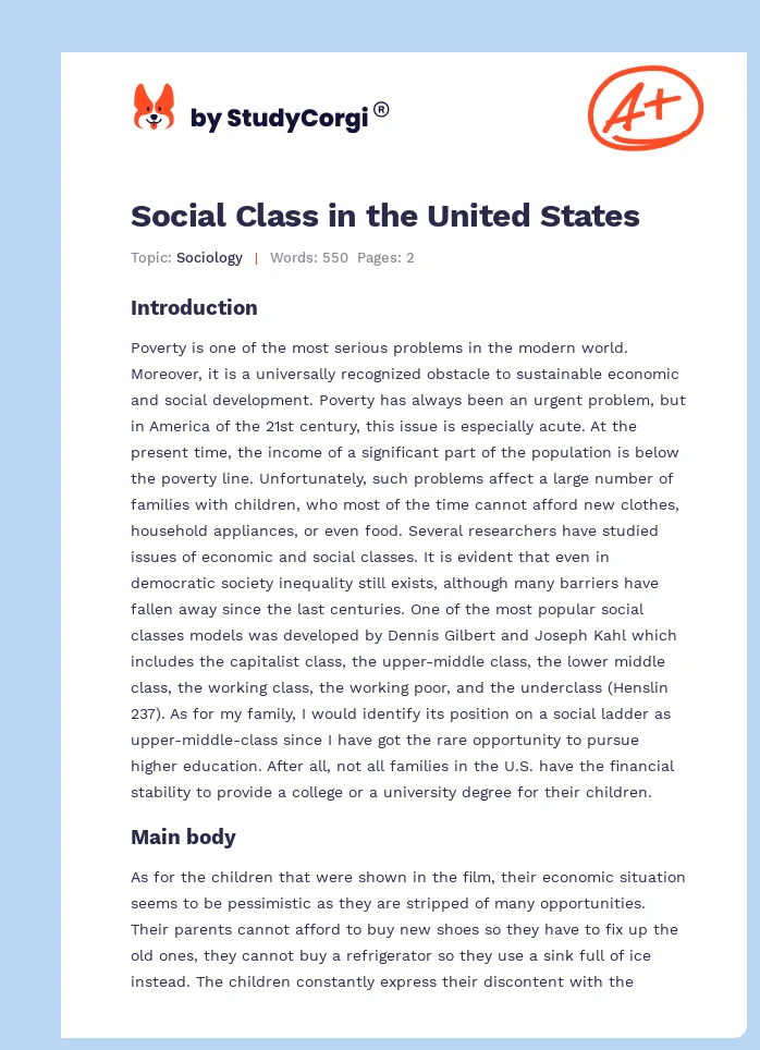 Social Class in the United States. Page 1