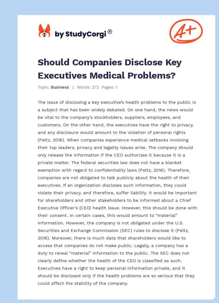 Should Companies Disclose Key Executives Medical Problems?. Page 1