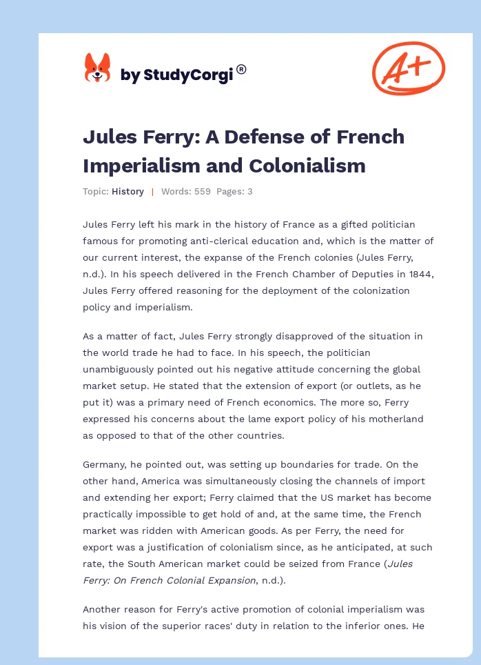 Jules Ferry: A Defense of French Imperialism and Colonialism. Page 1