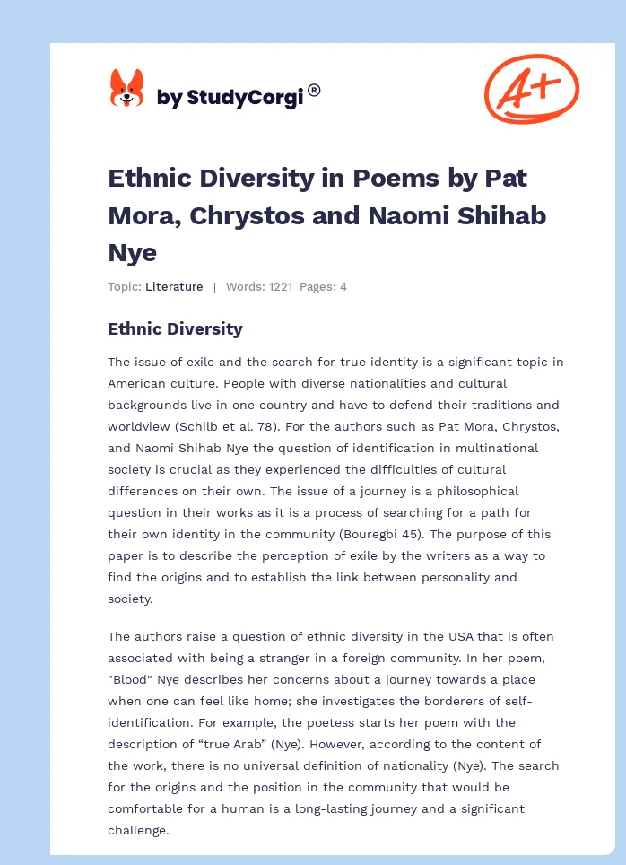 Ethnic Diversity in Poems by Pat Mora, Chrystos and Naomi Shihab Nye. Page 1