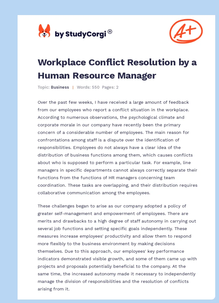 Workplace Conflict Resolution by a Human Resource Manager. Page 1