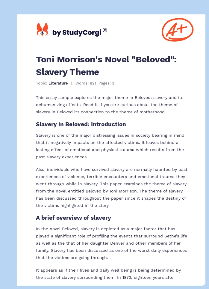 Toni Morrison's Novel "Beloved": Slavery Theme. Page 1