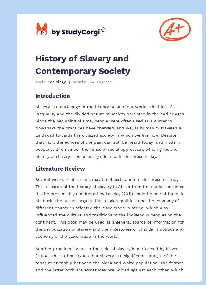 History of Slavery and Contemporary Society. Page 1