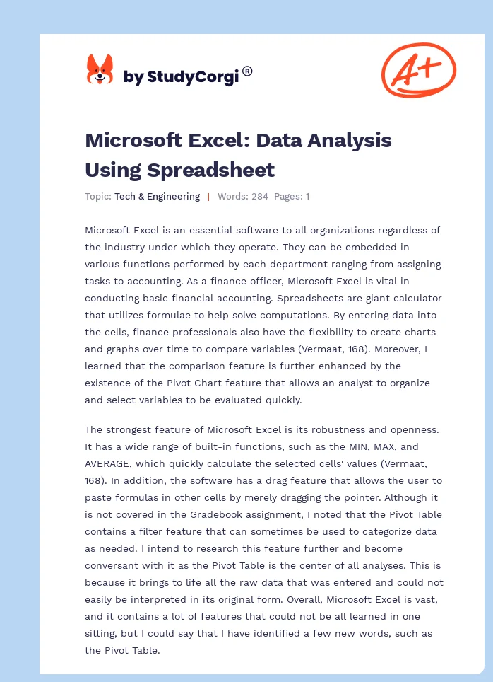 Microsoft Excel: Data Analysis Using Spreadsheet. Page 1