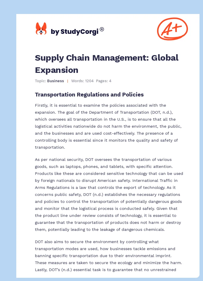 Supply Chain Management: Global Expansion. Page 1