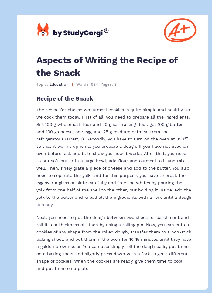 Aspects of Writing the Recipe of the Snack. Page 1