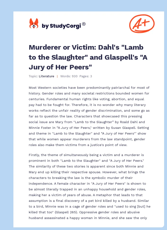 Murderer or Victim: Dahl's "Lamb to the Slaughter" and Glaspell's "A Jury of Her Peers". Page 1