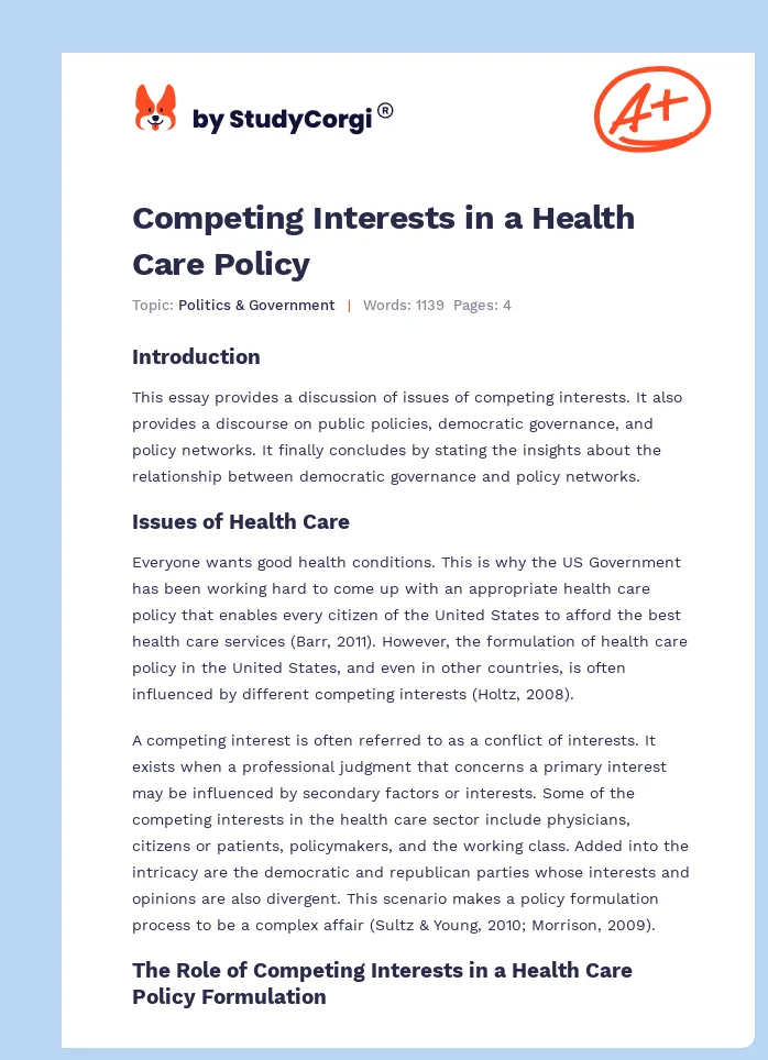 Competing Interests in a Health Care Policy. Page 1