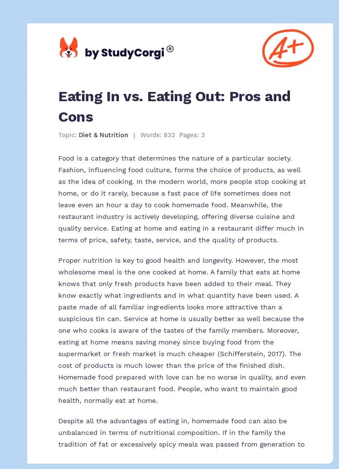 Eating In vs. Eating Out: Pros and Cons. Page 1