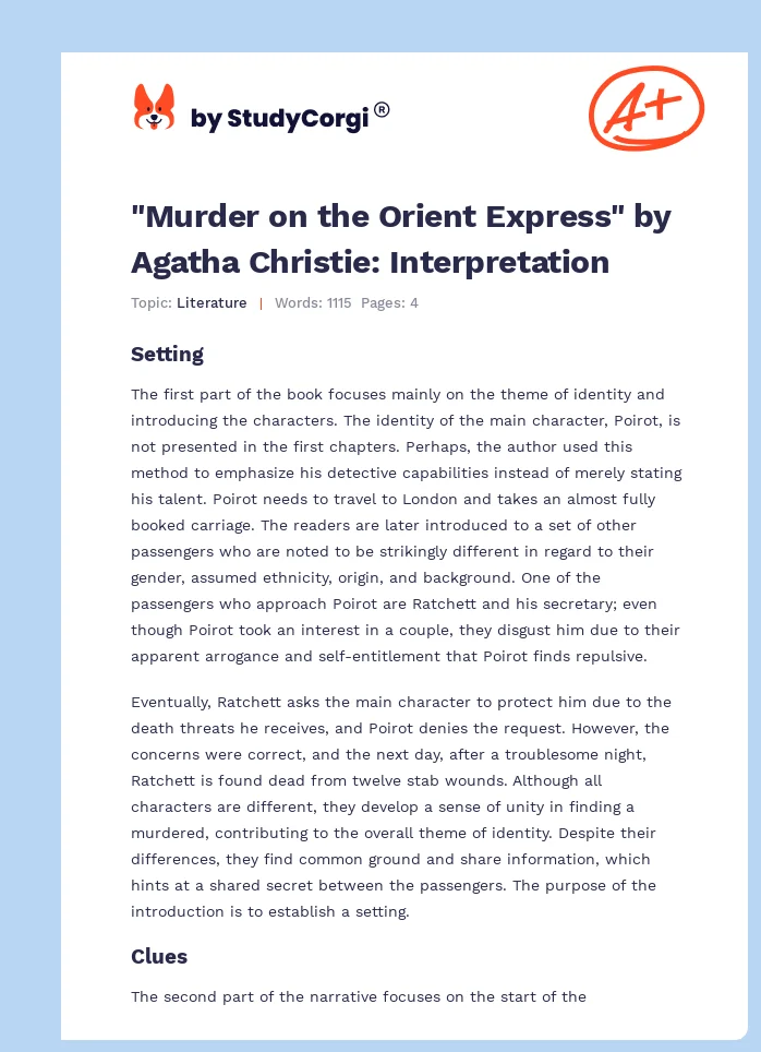 "Murder on the Orient Express" by Agatha Christie: Interpretation. Page 1