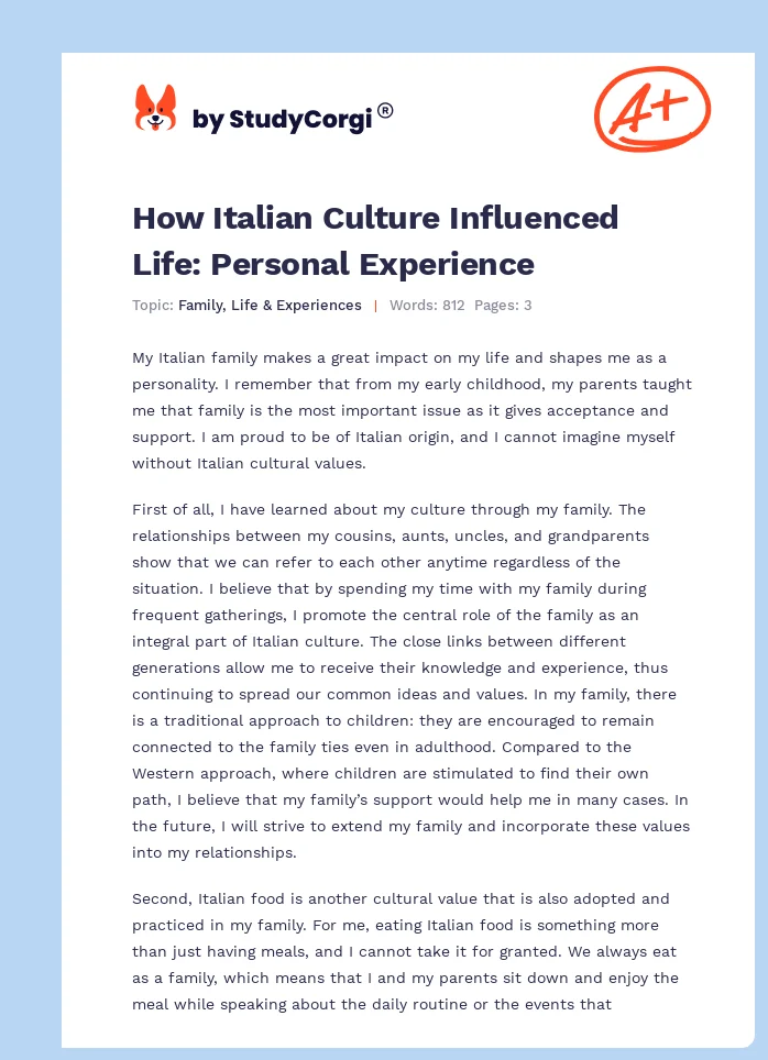 How Italian Culture Influenced Life: Personal Experience. Page 1