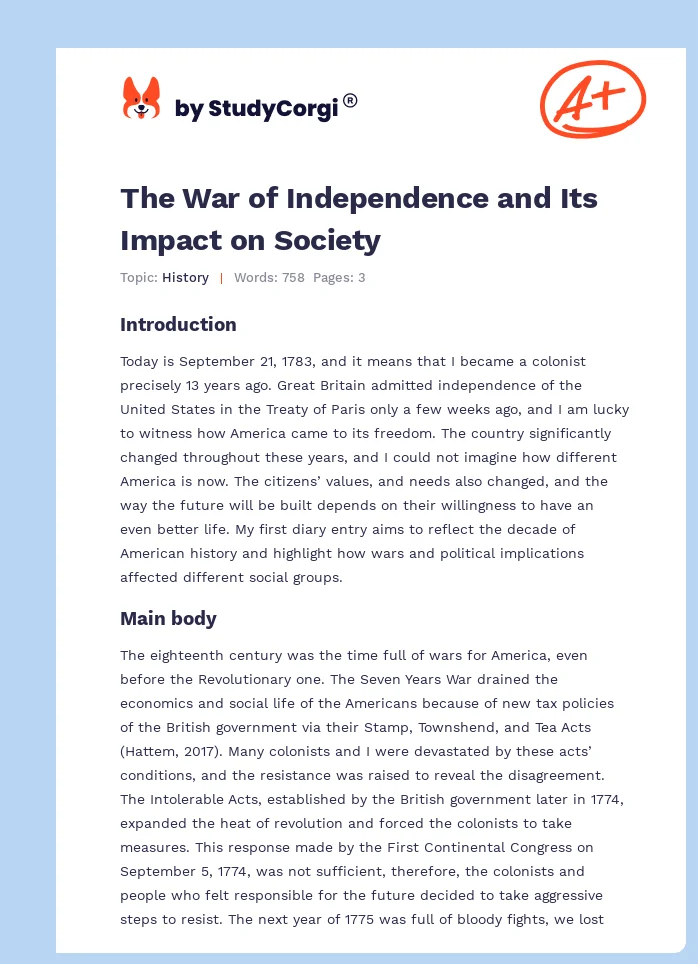 The War of Independence and Its Impact on Society. Page 1