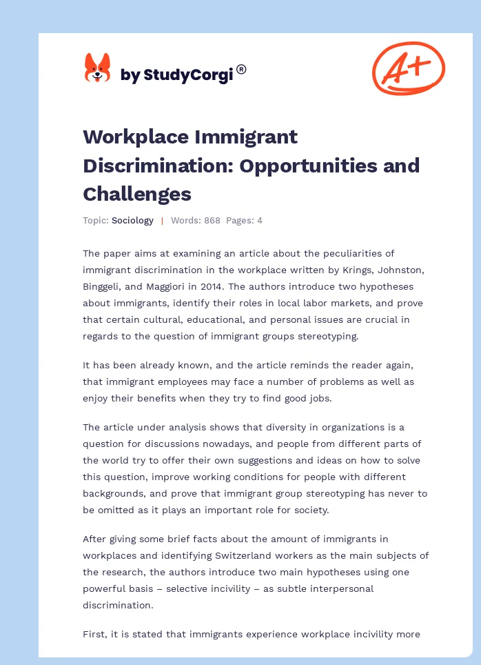 Workplace Immigrant Discrimination: Opportunities and Challenges. Page 1