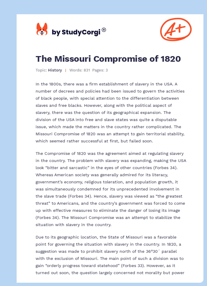 The Missouri Compromise of 1820. Page 1