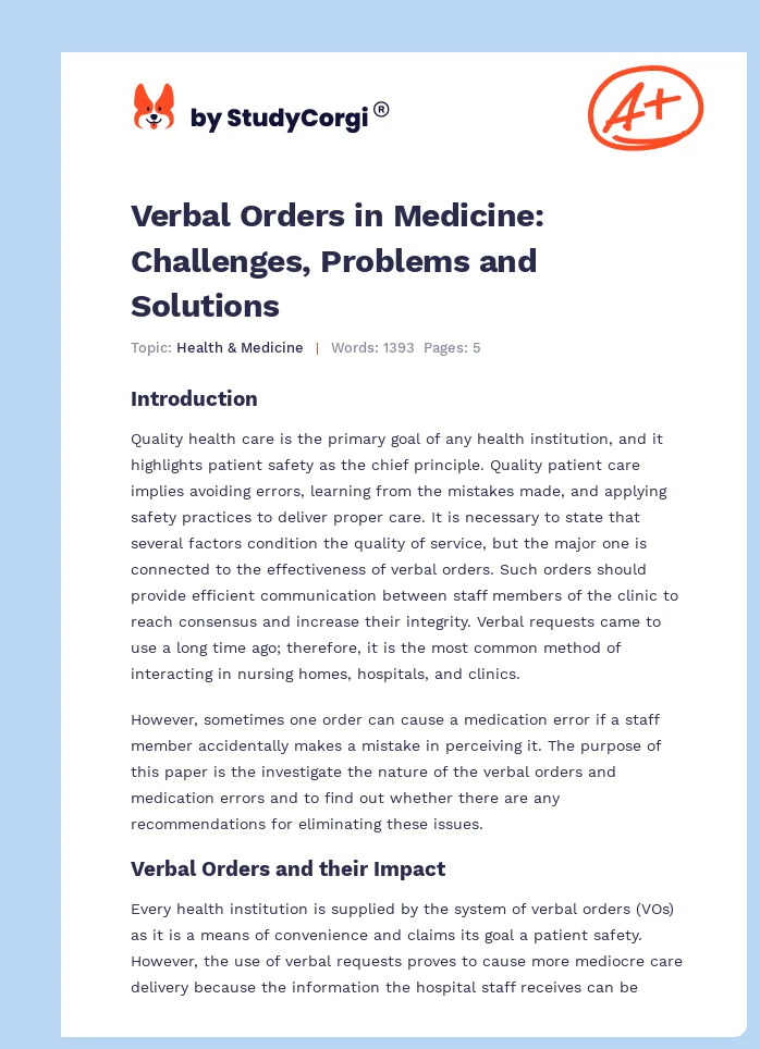 Verbal Orders in Medicine: Challenges, Problems and Solutions. Page 1