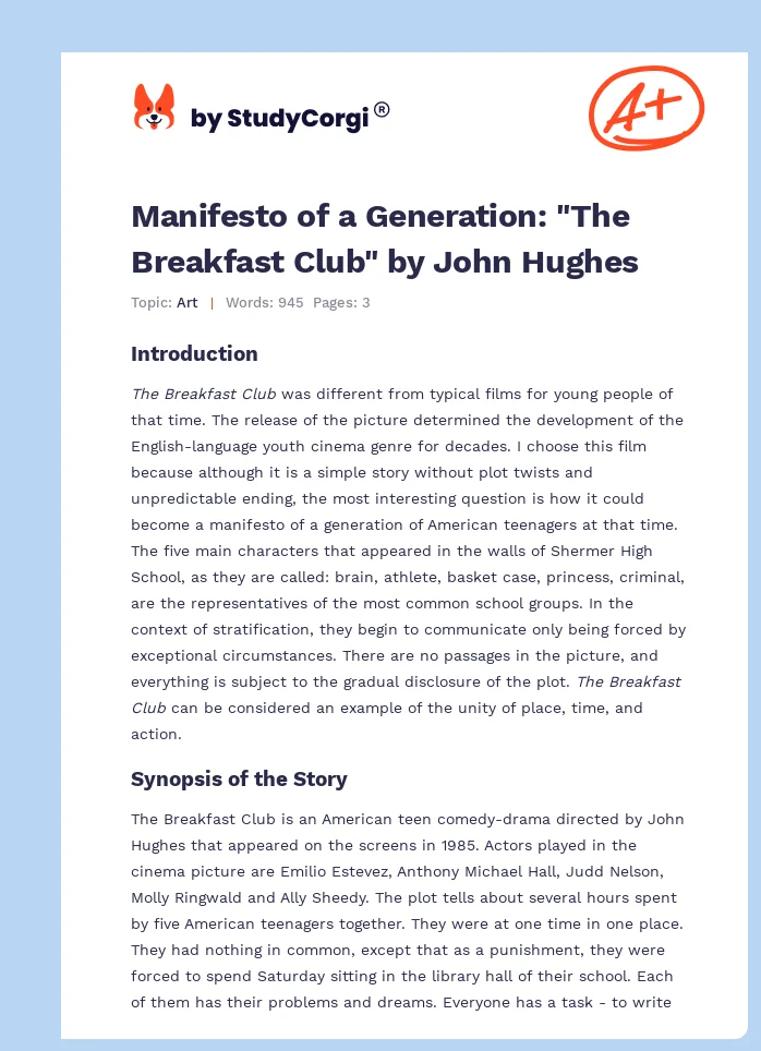 Manifesto of a Generation: "The Breakfast Club" by John Hughes. Page 1