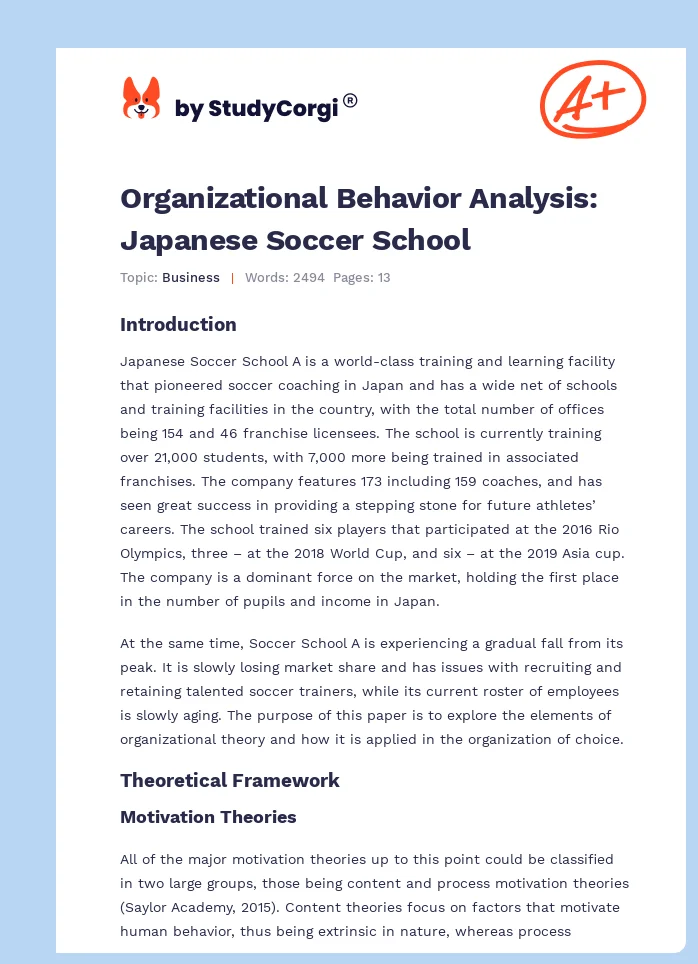 Organizational Behavior Analysis: Japanese Soccer School. Page 1