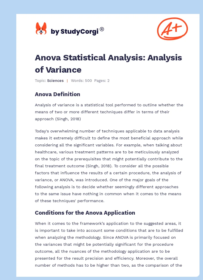 Anova Statistical Analysis: Analysis of Variance. Page 1