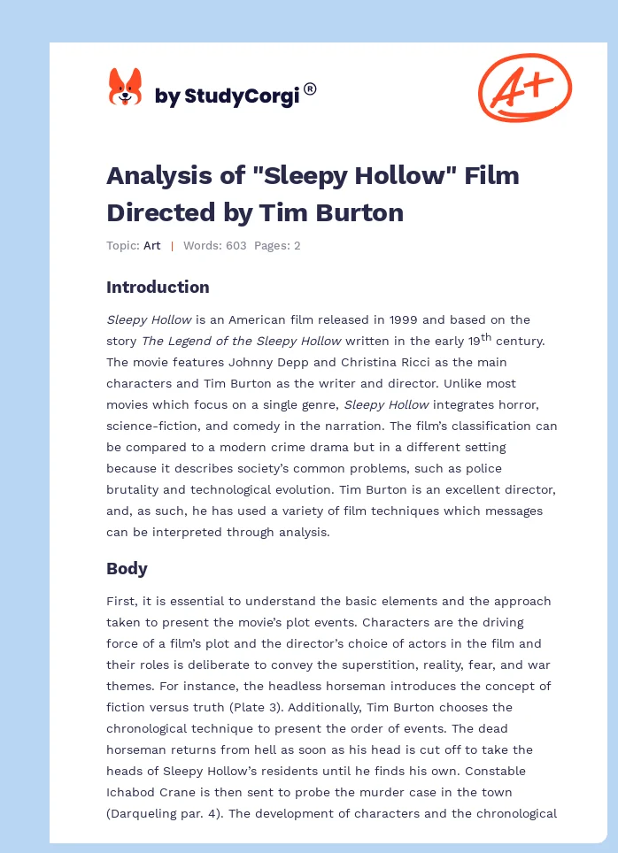 Analysis of "Sleepy Hollow" Film Directed by Tim Burton. Page 1