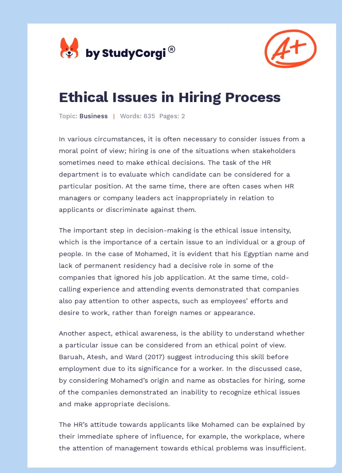 Ethical Issues in Hiring Process. Page 1
