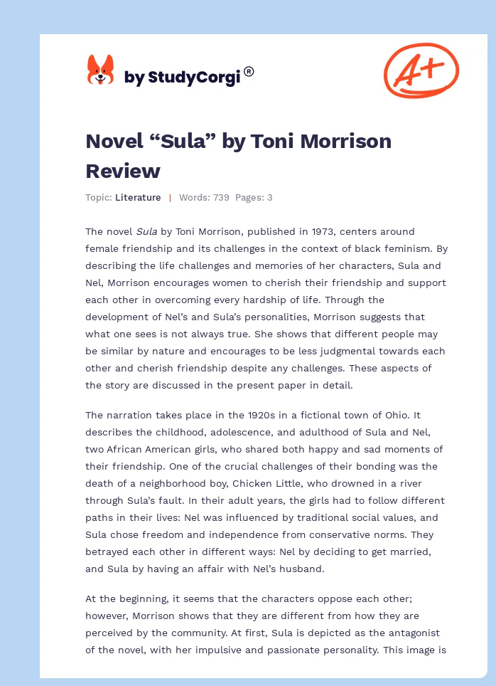 Novel “Sula” by Toni Morrison Review. Page 1