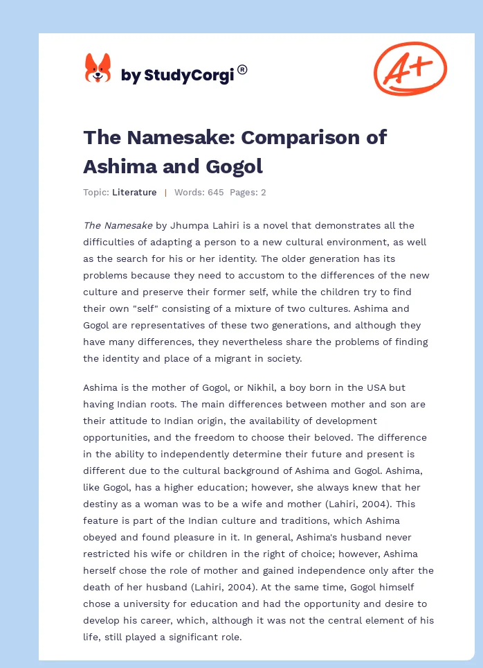 The Namesake: Comparison of Ashima and Gogol. Page 1